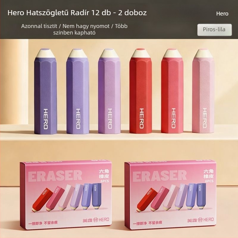 Hero hatszögletű radír – nyom nélkül, tiszta felület, nem hagy foltot, karikatúra dizájn, nem toxikus, 66×17 mm, anyag: TPE, diákoknak
