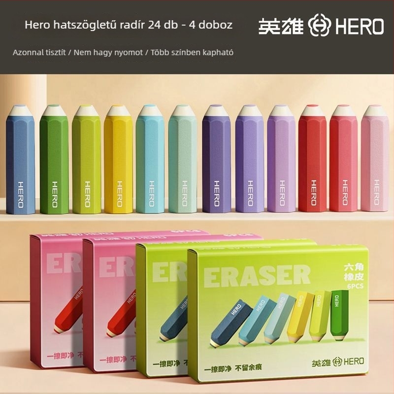 Hero hatszögletű radír – nyom nélkül, tiszta felület, nem hagy foltot, karikatúra dizájn, nem toxikus, 66×17 mm, anyag: TPE, diákoknak