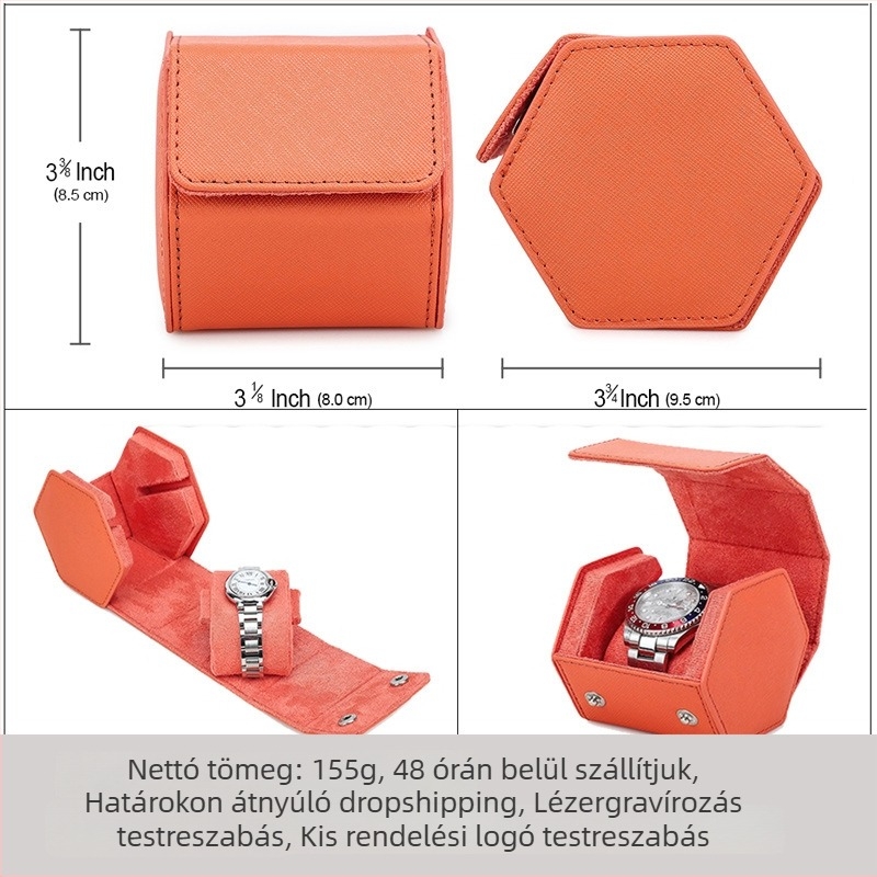 Hexagonális mintázatú valódi bőrből készült mechanikus óratartó doboz, hordozható, kézzel készített