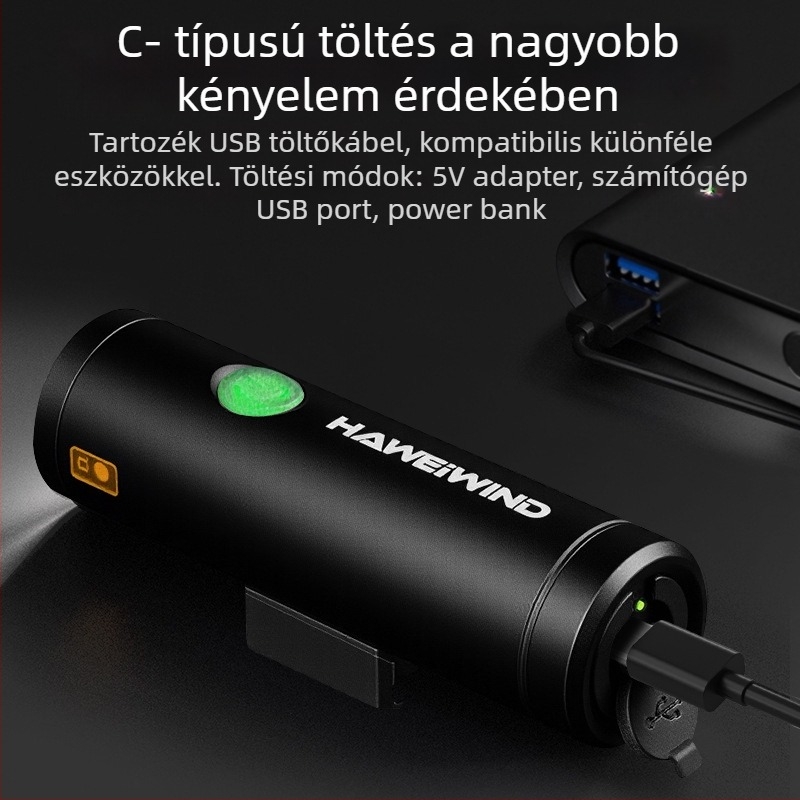 Haweiwind kerékpár első lámpa – alumíniumötvözet, nagy fényerejű, USB-töltés