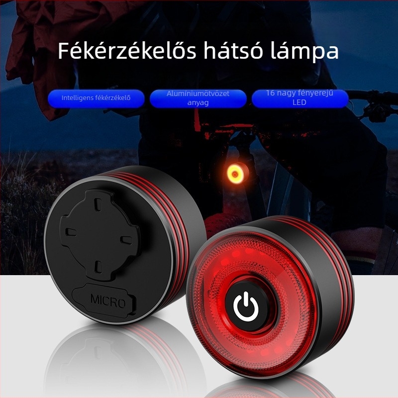 Hátsó kerékpárlámpa intelligens fék-szenzorral és figyelmeztető fénnyel, hegyi kerékpározáshoz éjszaka kültéren