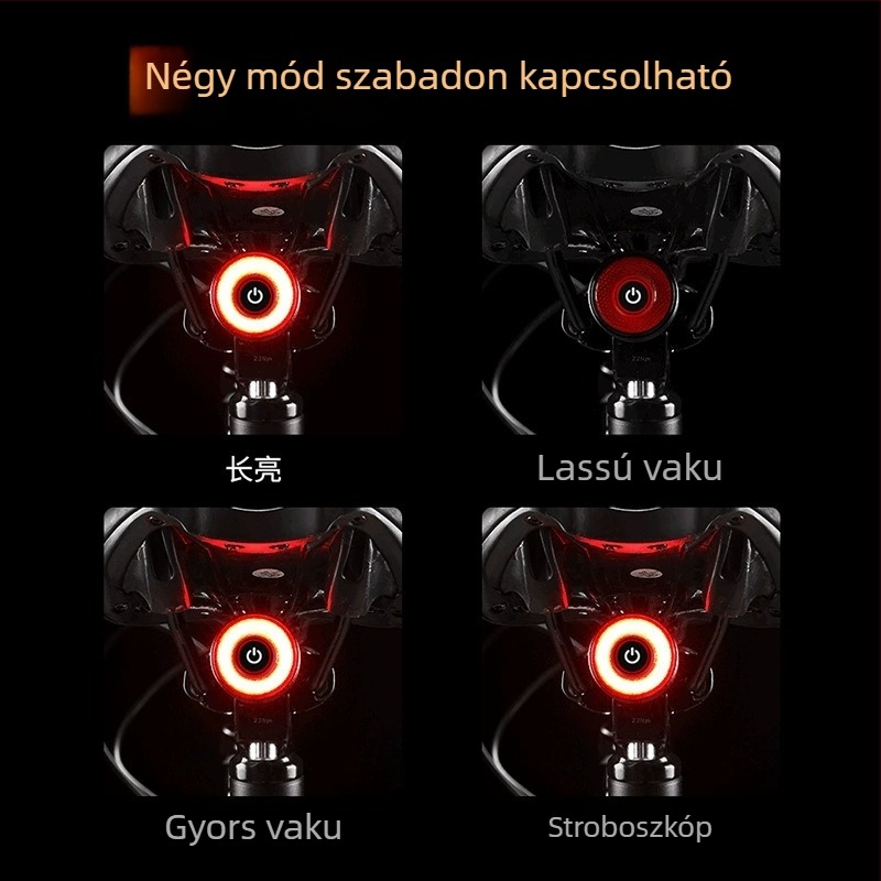 Hátsó kerékpárlámpa intelligens fék-szenzorral és figyelmeztető fénnyel, hegyi kerékpározáshoz éjszaka kültéren
