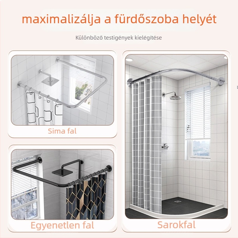 Fúrás nélküli teleszkópos zuhanyrúddal, görbült L- és U-alakú sín, vízálló zuhanyválaszfal