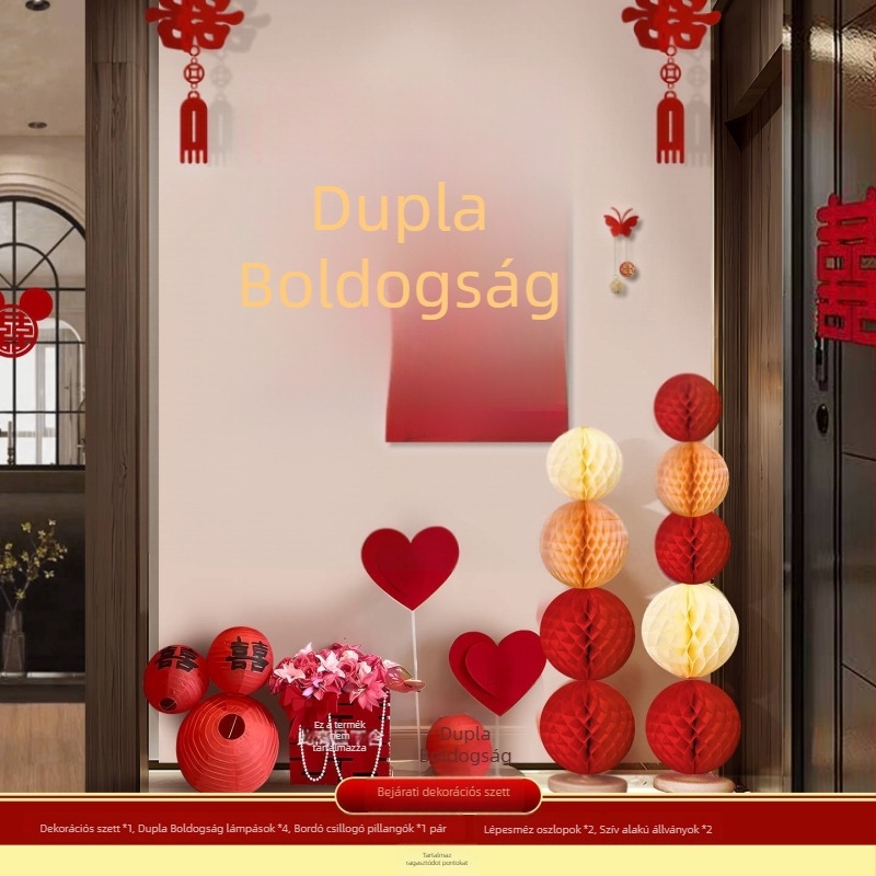 Esküvői szobadekorációs készlet: menyasszonyi díszítés, vőlegény előcsarnoki háttér, hálószobai girland Boldogság felirattal KT táblán