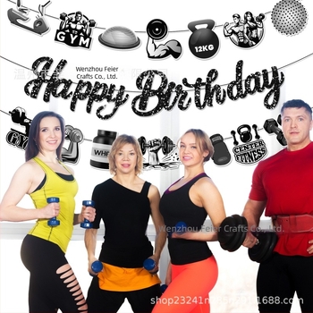 Ba485 Fitness témájú dekoratív születésnapi girland, 3 zászlóval a fitneszeszközök dekorálásához