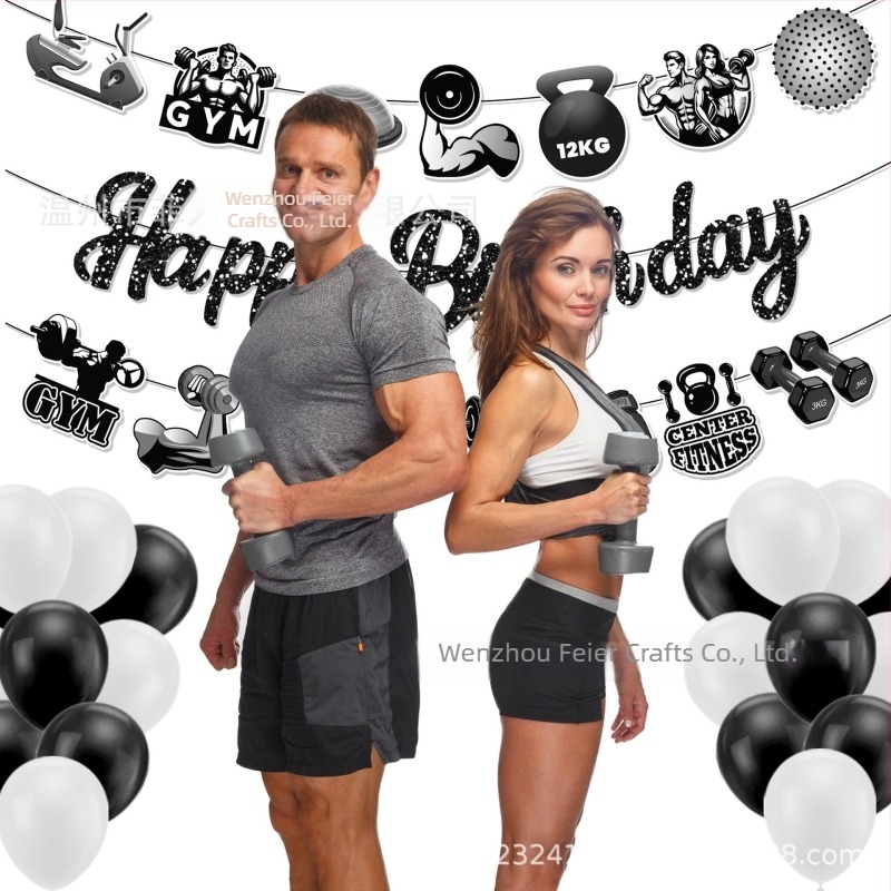 Ba485 Fitness témájú dekoratív születésnapi girland, 3 zászlóval a fitneszeszközök dekorálásához