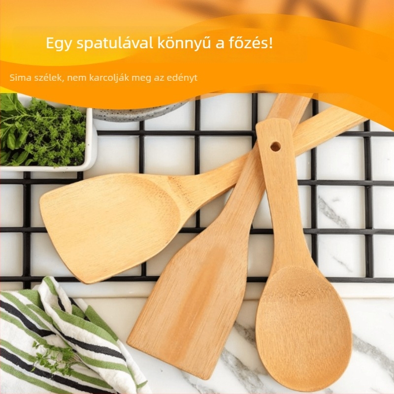 Bambusz konyhai eszközök készlet: tapadásmentes spatula, hőálló spatula, rizsskanál és sütő spatula
