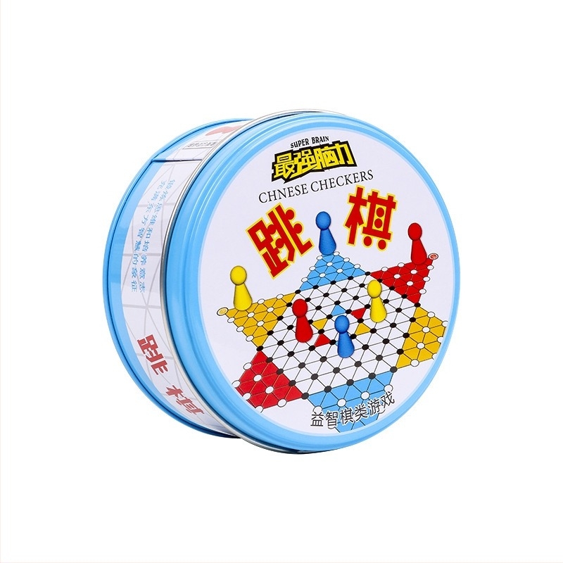 Fool's Square kerek fémdobozos gyerekeknek szánt többjátékos készlet: Gomoku, Állatsakk, Ludo, Xiangqi és Dáma – családi oktató játék