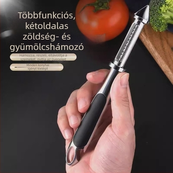 Cinkötvözetből készült, öt az egyben zöldséghámozó, gyümölcs- és sörnyitó