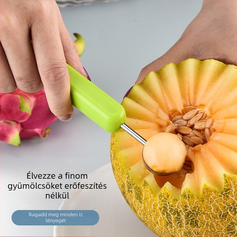 Három az egyben gyümölcsgömb-készítő készlet, kettős fejű, rozsdamentes acél konyhai faragóeszköz