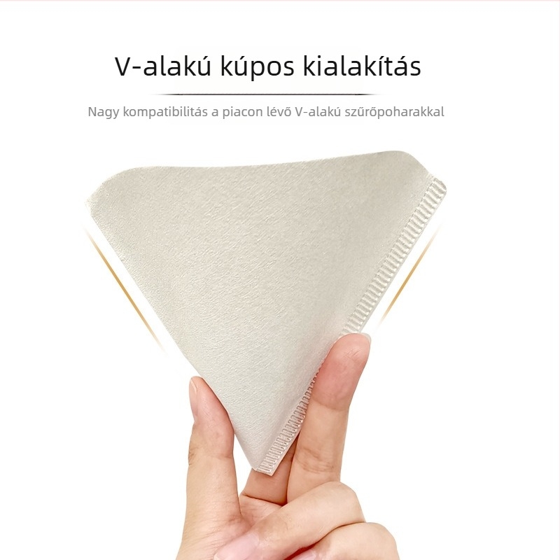 Egyszer használható V-alakú kávéfilter papír, fan alakú tölcsér, faalapú cellulózból, élelmiszer-minőségű, otthoni készítéshez.