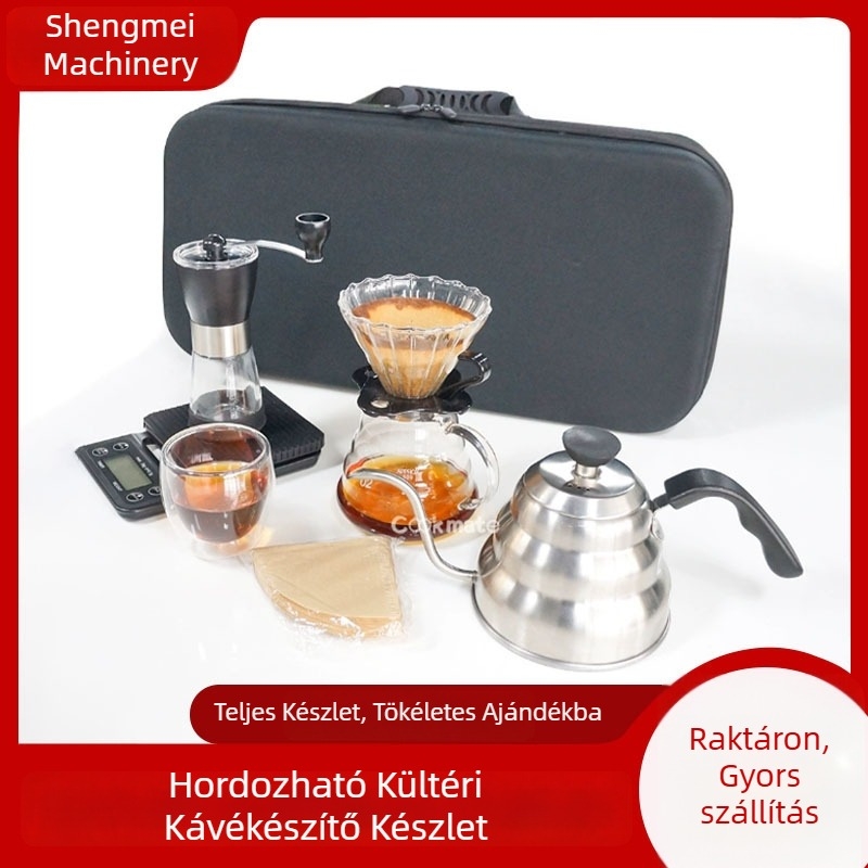Hordozható pour-over kávés készlet kézi őrlővel, szűrő pohárral és megosztó kannával – otthoni és szabadtéri használatra