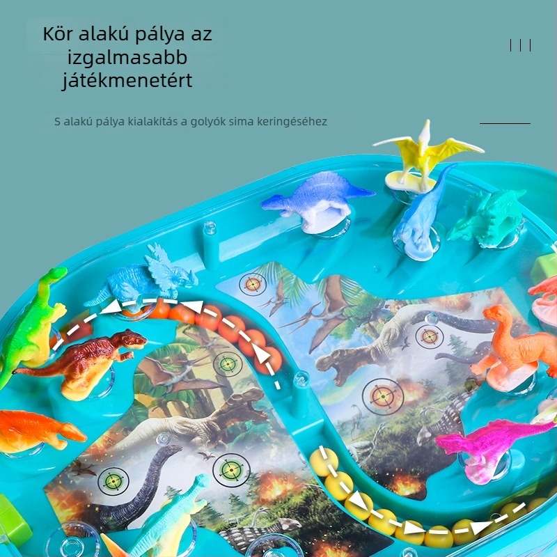 Asztali kétfős pinball dinoszaurusz témával, kézi golyókirúzóval – interaktív családi játék