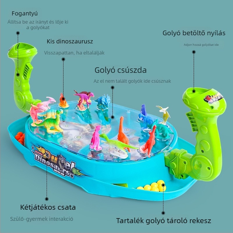 Asztali kétfős pinball dinoszaurusz témával, kézi golyókirúzóval – interaktív családi játék
