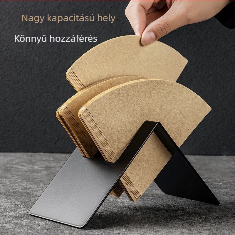 Rozsdamentes acél V60 szűrőpapír tartó és szűrőpapír tároló állvány, konikus/ventilátor alakú forma, kávé kiegészítők