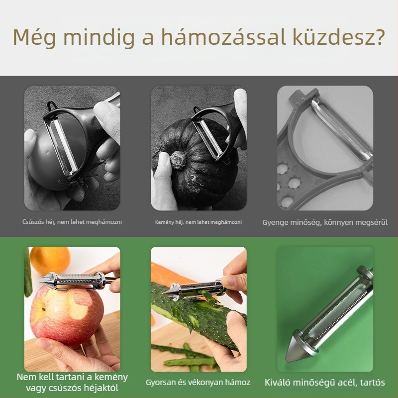 Három az egyben függőleges hámozó gyümölcsök és zöldségekhez, rozsdamentes acél és ABS, hordozható