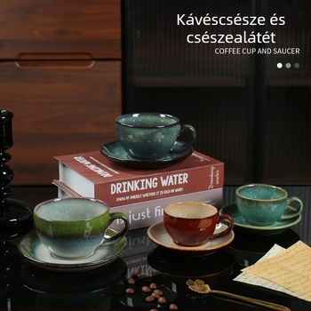 Kiln-által sütött kerámia kávéscsésze és alátét szett, retro délutáni latte stílusban, hőálló és mosogatógépben mosható.