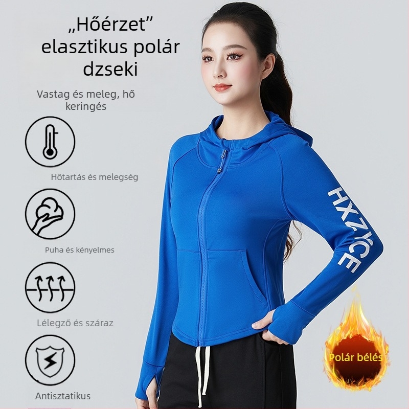 Női fleece-belelt kapucnis cipzáros pulóver, hosszú ujjú, őszi–téli edzés és tánc viselet, karcsú szabás