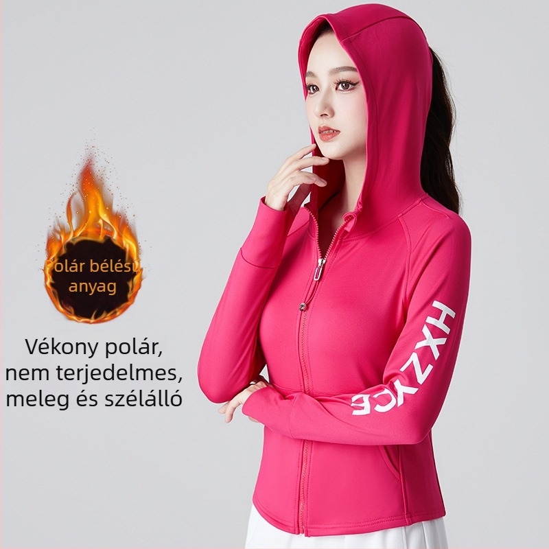 Női fleece-belelt kapucnis cipzáros pulóver, hosszú ujjú, őszi–téli edzés és tánc viselet, karcsú szabás