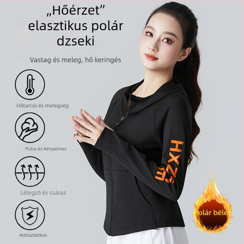 Női fleece-belelt kapucnis cipzáros pulóver, hosszú ujjú, őszi–téli edzés és tánc viselet, karcsú szabás