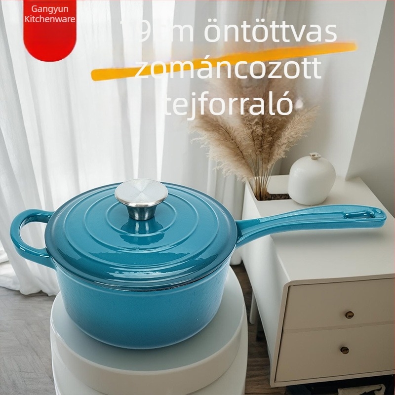 Kovácsolt vasból készült zománcozott tejfőző fazék, egylábas dizájn, vastag zománcfelület, tészta, zabkása és leves készítésére