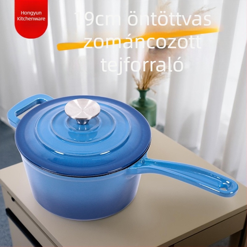 Kovácsolt vasból készült zománcozott tejfőző fazék, egylábas dizájn, vastag zománcfelület, tészta, zabkása és leves készítésére
