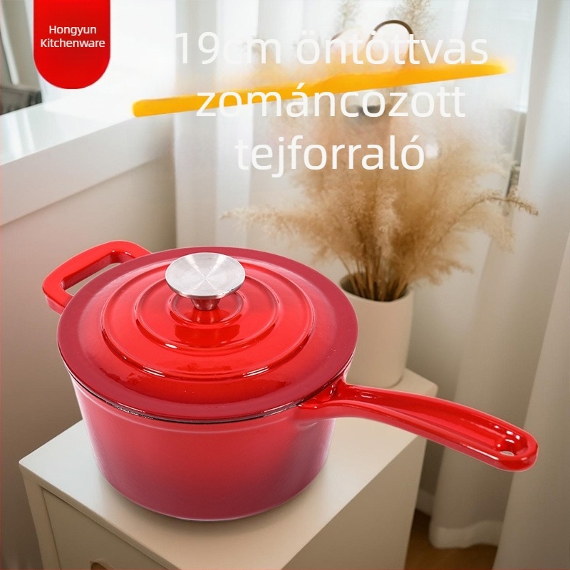 Kovácsolt vasból készült zománcozott tejfőző fazék, egylábas dizájn, vastag zománcfelület, tészta, zabkása és leves készítésére