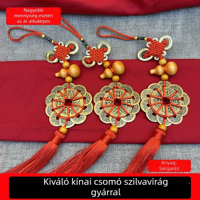Sárgaréz kínai csomó medál, szilva virág motívummal és fa tök motívummal, kézműves