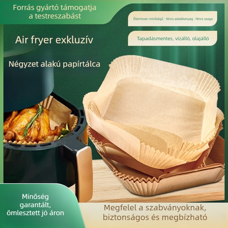 Légsütőhöz való papírtál, élelmiszer-minőségű, magas hőálló, olajat felszívó, négyzet alakú sütőpapír