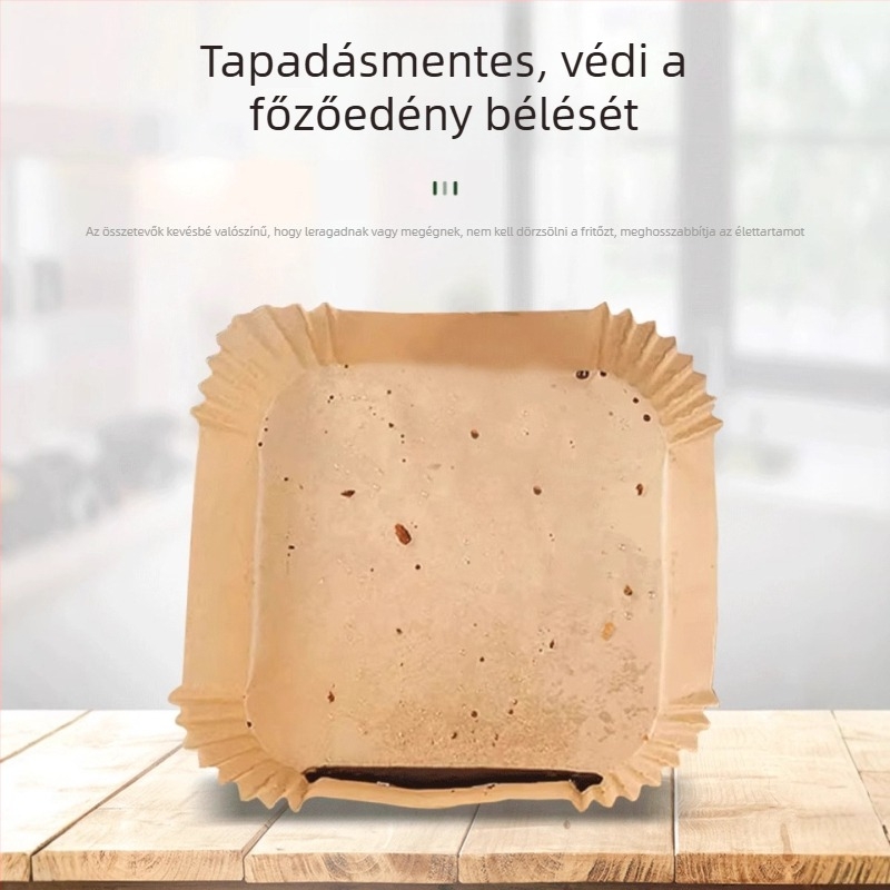 Légsütőhöz való papírtál, élelmiszer-minőségű, magas hőálló, olajat felszívó, négyzet alakú sütőpapír