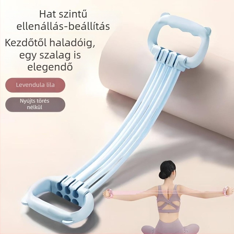 Hatfokozat, állítható nyolcas alakú húzórendszer vállnyitásra és mellkasnyitásra, ellenállás szalaggal hát-edzéshez, pilateshez és jóga