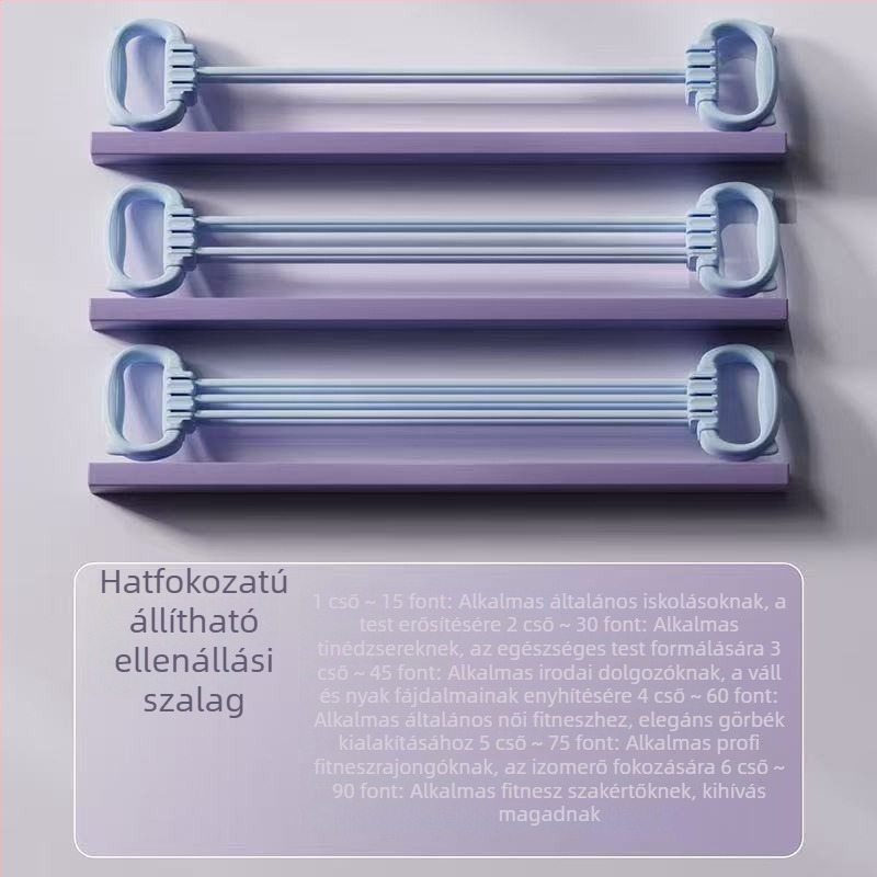 Hatfokozat, állítható nyolcas alakú húzórendszer vállnyitásra és mellkasnyitásra, ellenállás szalaggal hát-edzéshez, pilateshez és jóga