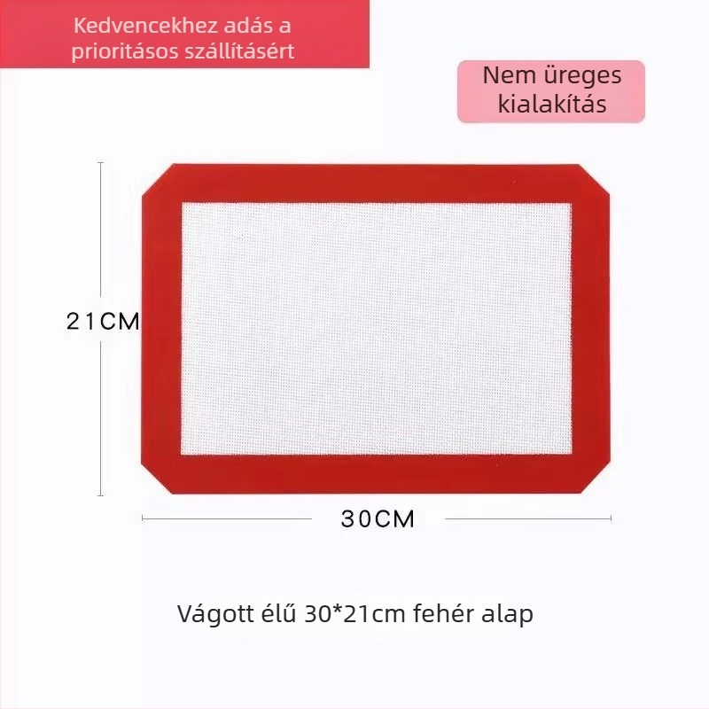 Vörös színű szilikon sütőmatrica, kivágott sarkú, tapadásmentes, vastagított, magas hőmérsékletnek ellenálló, dagasztáshoz és cukorminta készítéséhez