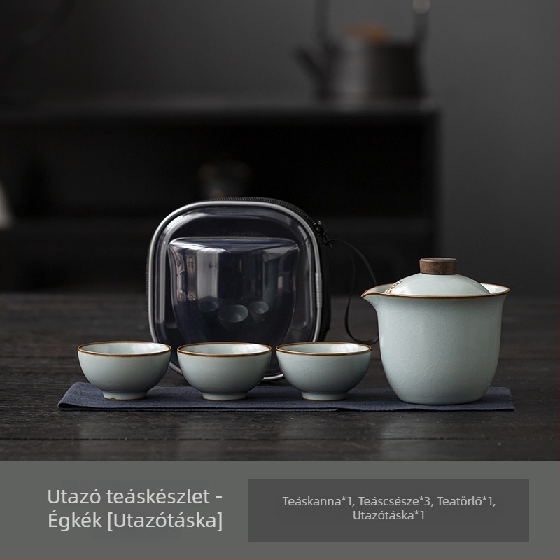 Ru-kiln porcelánból készült hordozható teás készlet utazáshoz: egy teáskanna és három csésze, kompakt készlet, vállalati rendezvények logóval