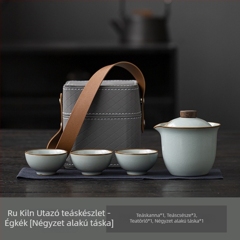 Ru-kiln porcelánból készült hordozható teás készlet utazáshoz: egy teáskanna és három csésze, kompakt készlet, vállalati rendezvények logóval