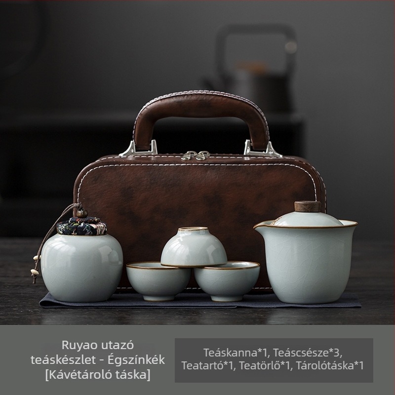 Ru-kiln porcelánból készült hordozható teás készlet utazáshoz: egy teáskanna és három csésze, kompakt készlet, vállalati rendezvények logóval