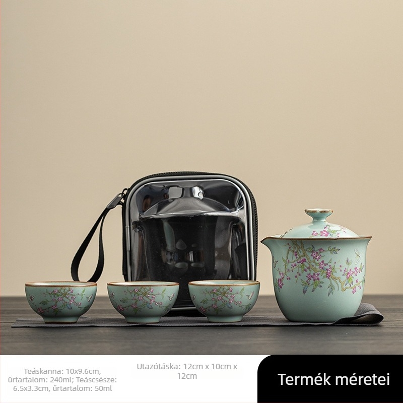 Ru-kiln porcelánból készült hordozható teás készlet utazáshoz: egy teáskanna és három csésze, kompakt készlet, vállalati rendezvények logóval