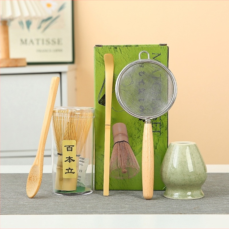 Japán stílusú Matcha készlet: tál matcha, bambusz habverő, teás eszközök, kerámia teás tál és habverő állvány