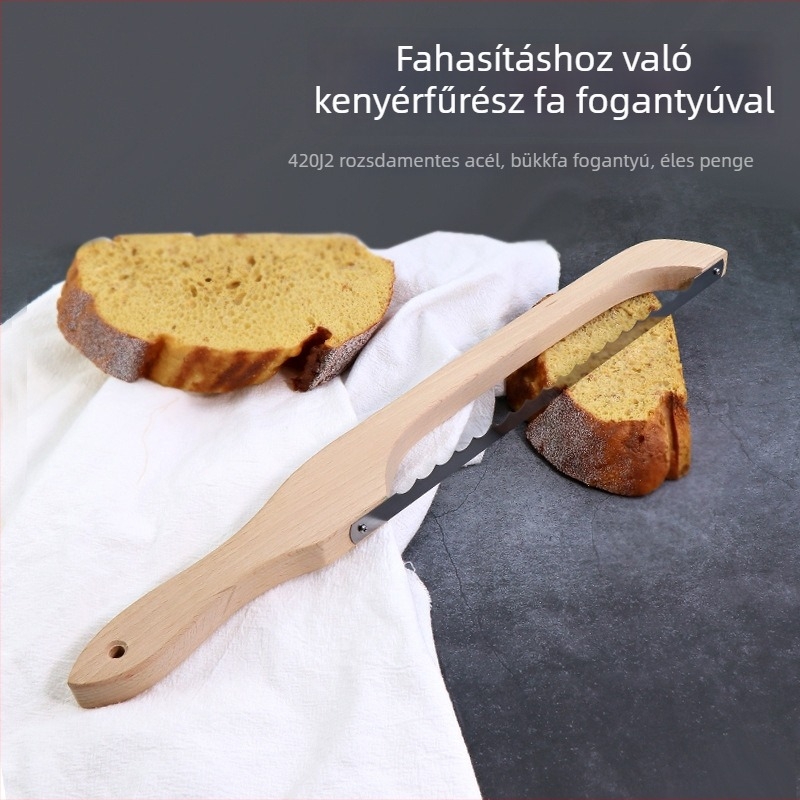 Kenyérvágó kés bükkfa nyéllel és ívelt pengével, recés, bagett és pirítós szeletekhez