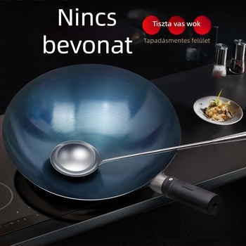 Hagyományos vas wok háztartási használatra, tapadásmentes, gáztűzhelyhez alkalmas, könnyű, kerek aljú.
