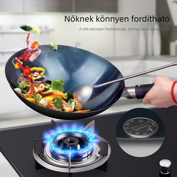 Hagyományos vas wok háztartási használatra, tapadásmentes, gáztűzhelyhez alkalmas, könnyű, kerek aljú.