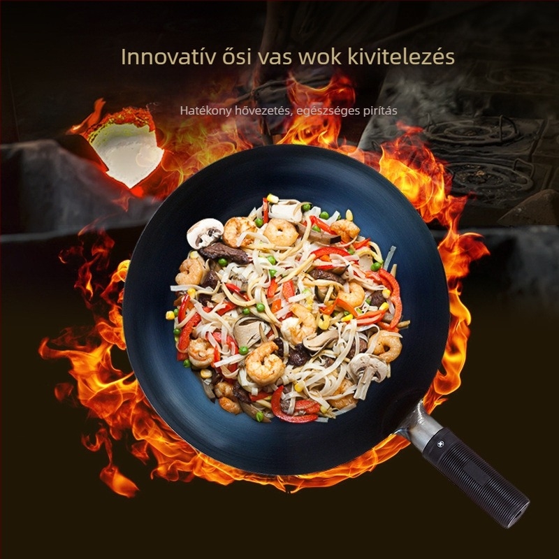 Hagyományos vas wok háztartási használatra, tapadásmentes, gáztűzhelyhez alkalmas, könnyű, kerek aljú.