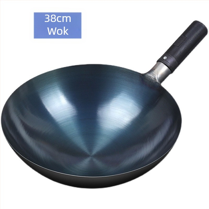 Hagyományos vas wok háztartási használatra, tapadásmentes, gáztűzhelyhez alkalmas, könnyű, kerek aljú.
