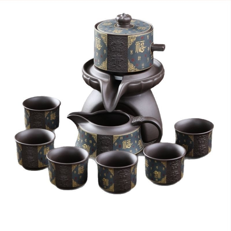 Gongfu teáskészlet lila agyag teáskannával és kőőrlős kivitelű teáskészlettel, kerámiatálca a csomag része, modern minimalist dizájn