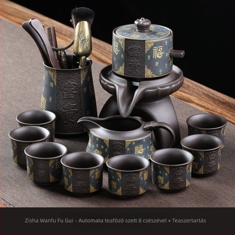 Gongfu teáskészlet lila agyag teáskannával és kőőrlős kivitelű teáskészlettel, kerámiatálca a csomag része, modern minimalist dizájn