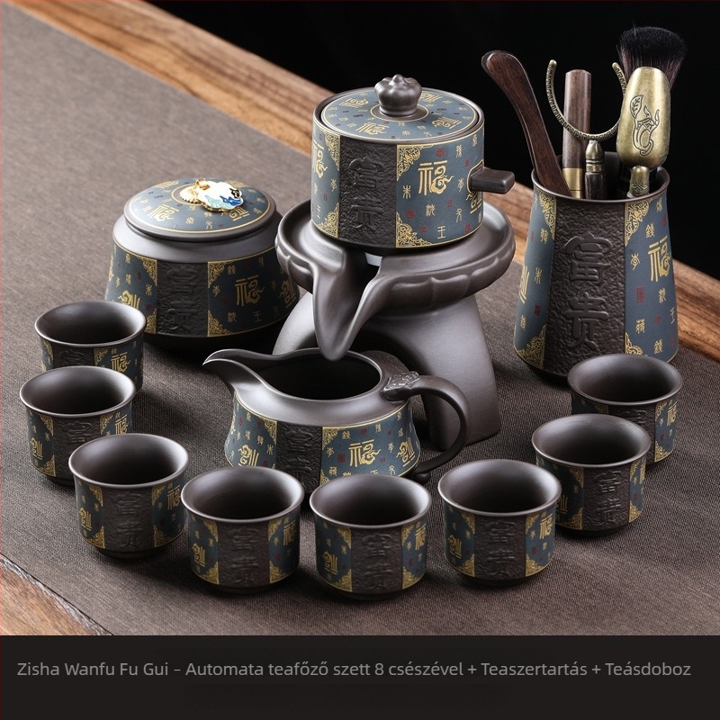 Gongfu teáskészlet lila agyag teáskannával és kőőrlős kivitelű teáskészlettel, kerámiatálca a csomag része, modern minimalist dizájn