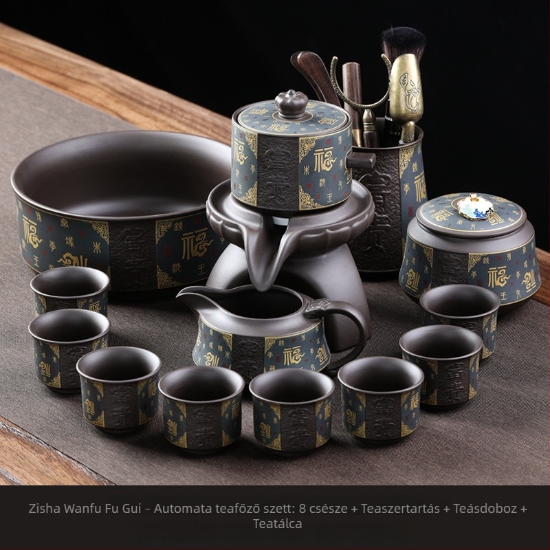 Gongfu teáskészlet lila agyag teáskannával és kőőrlős kivitelű teáskészlettel, kerámiatálca a csomag része, modern minimalist dizájn