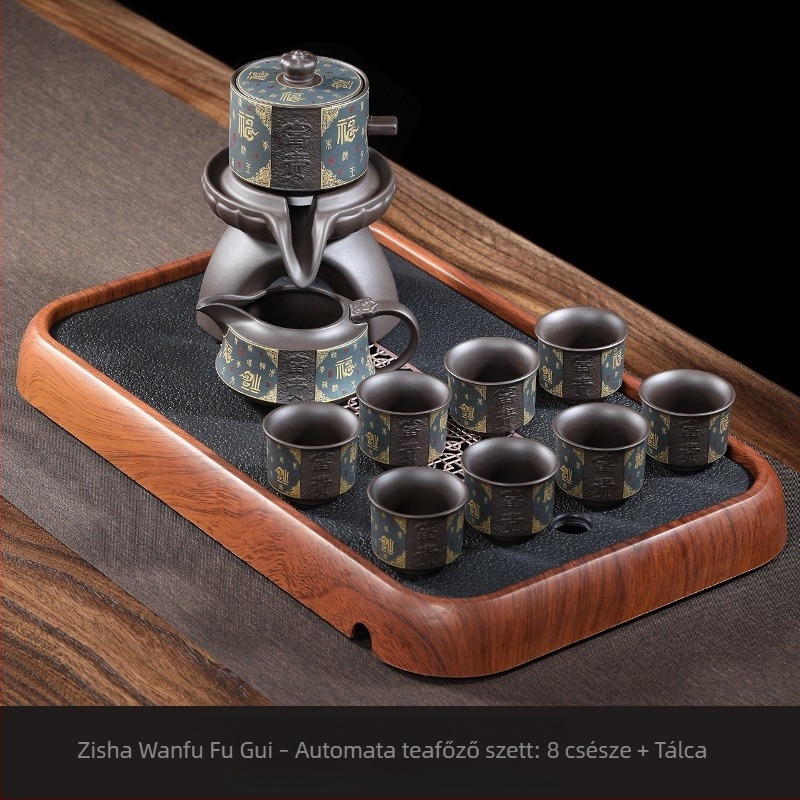 Gongfu teáskészlet lila agyag teáskannával és kőőrlős kivitelű teáskészlettel, kerámiatálca a csomag része, modern minimalist dizájn