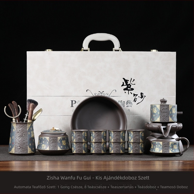 Gongfu teáskészlet lila agyag teáskannával és kőőrlős kivitelű teáskészlettel, kerámiatálca a csomag része, modern minimalist dizájn