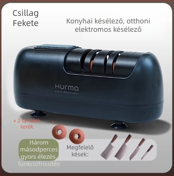 Otthoni használatra szánt elektromos késélező; kompakt, többfunkciós készülék konyhai késekhez és ollókhoz; teljesen automata.